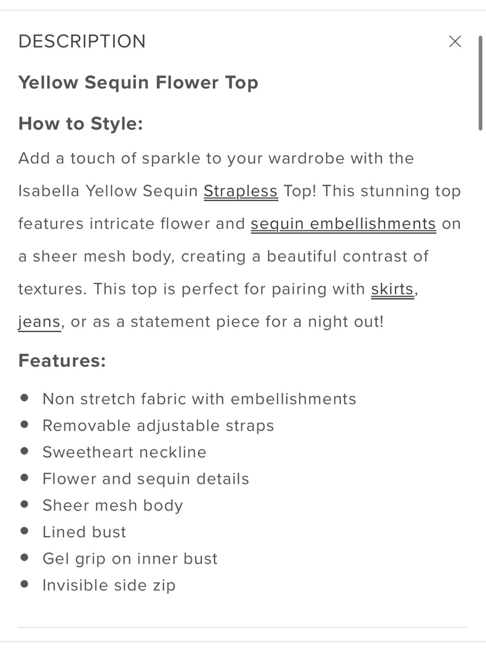 Isabella Yellow Sequin Strapless Top - Beginning Boutique - Picture 7 of 7